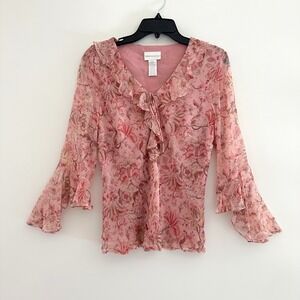 Vintage y2k Pink Floral Silk Fairy Top Medium Bell Sleeve Ruffle 90s Coquette